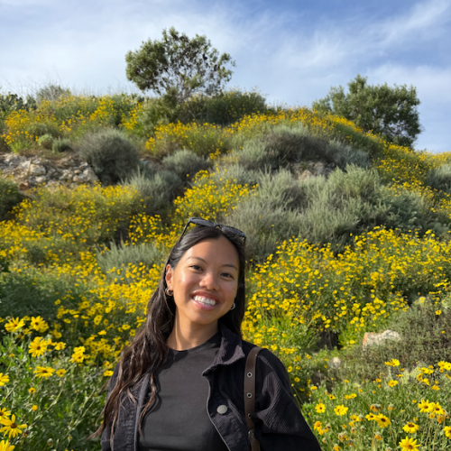 Caro in a field of flowers