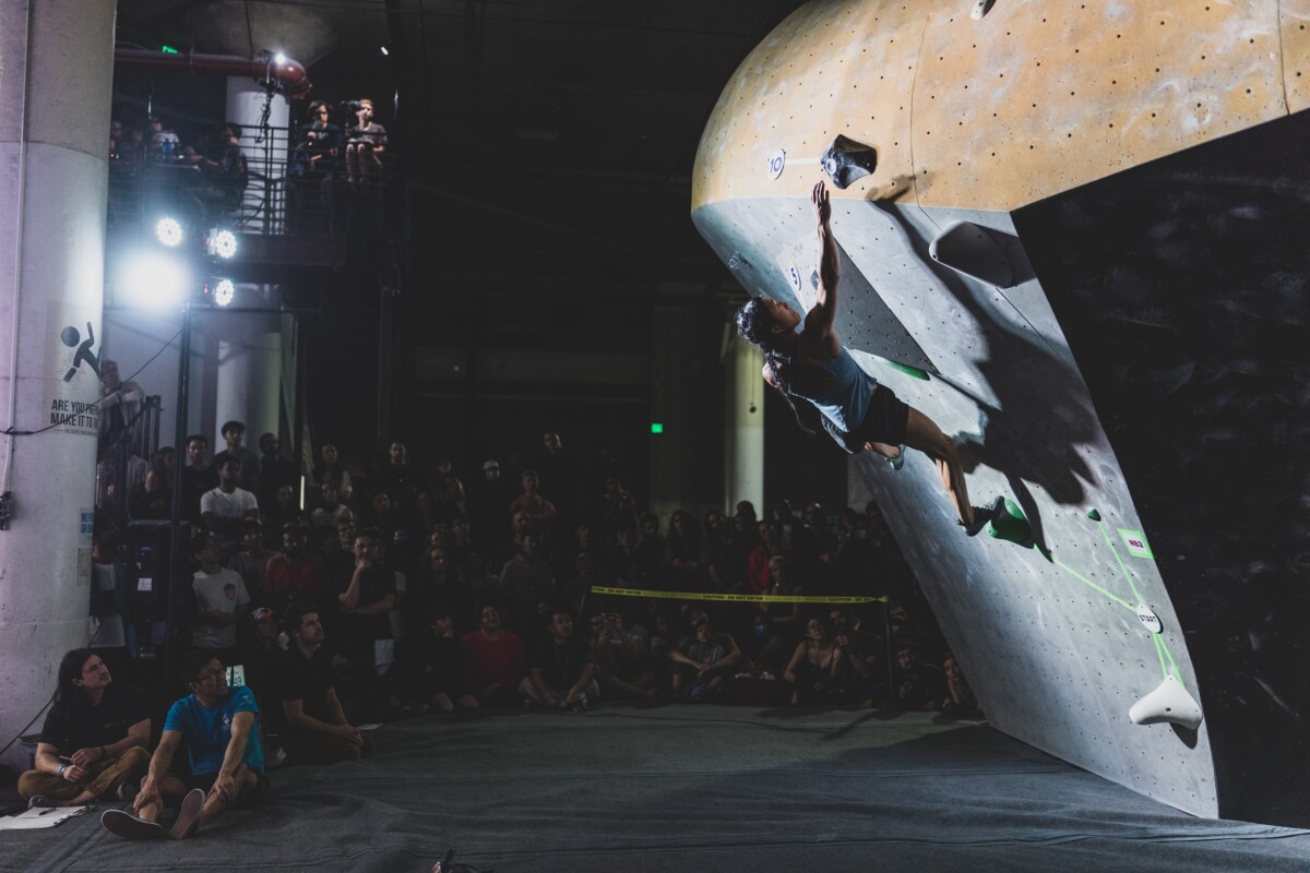 Battle of the Bay finals round climber on the wall with a huge reach. 