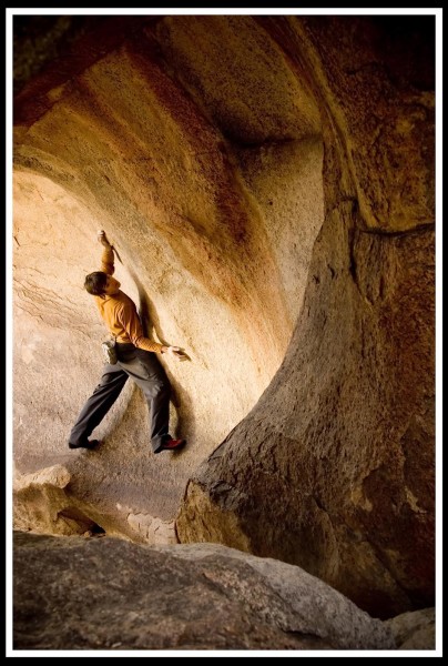 Ethan on an unknown problem, The Underground, Joshua Tree. Photo Credit: Damon Corso